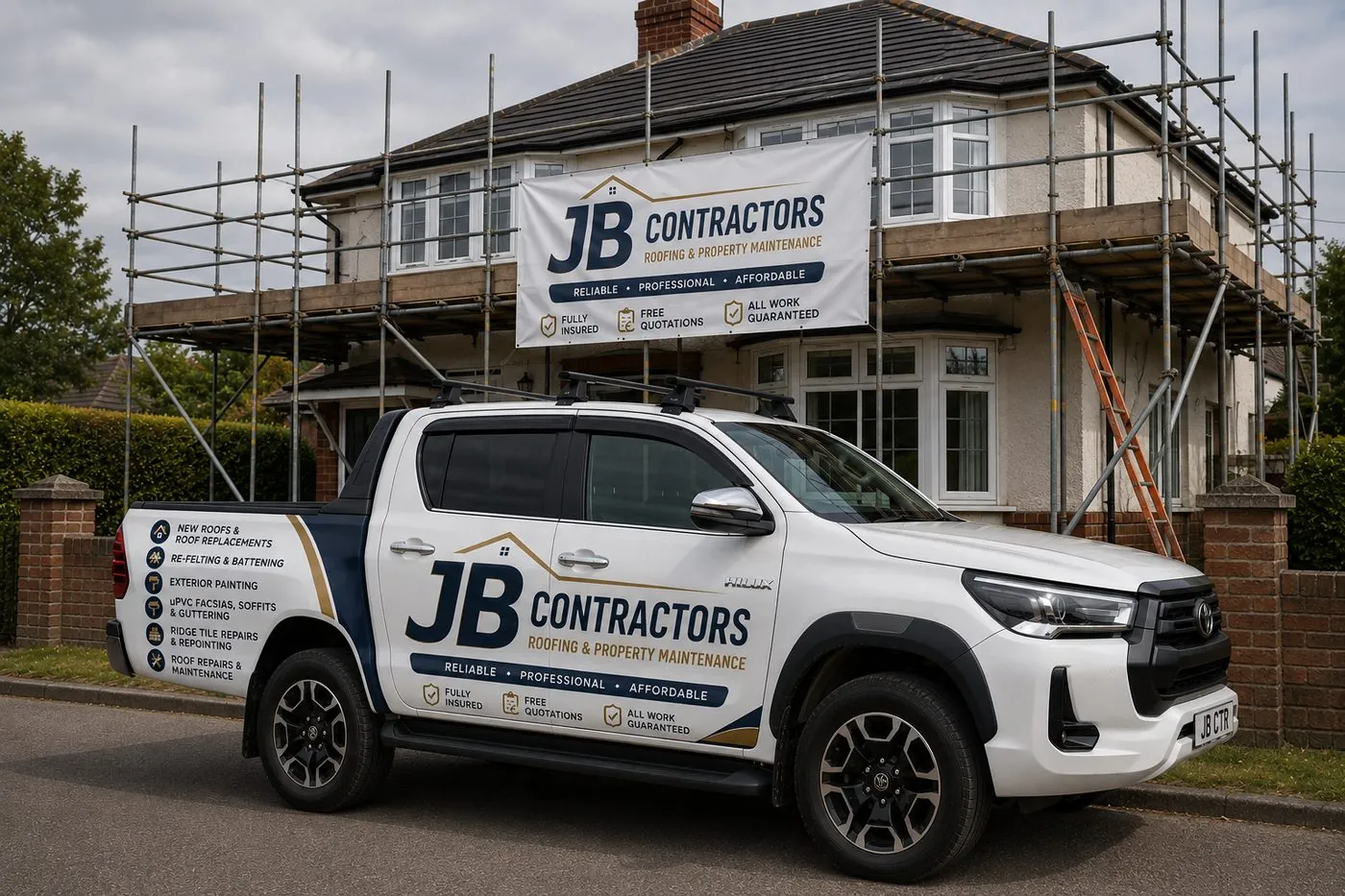 Polzeath Roofing pickup truck on site at a scaffolded roofing job in Polzeath